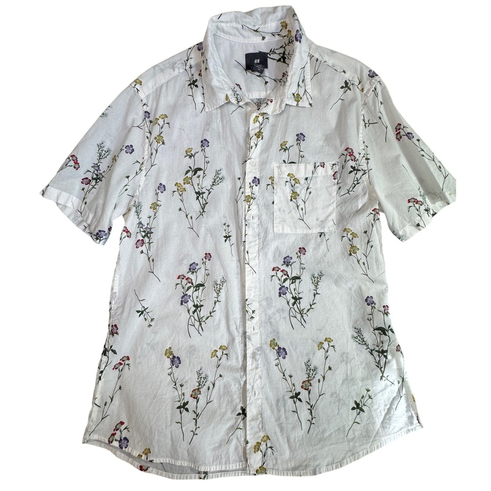 H&M Mens Floral Wildflower Print Short Sleeve Button Down Shirt White Large